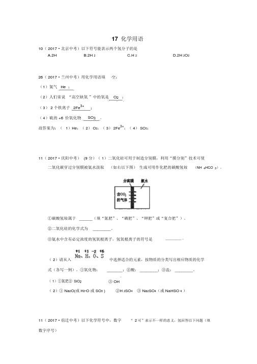 人教版中考化学复习汇编17化学用语