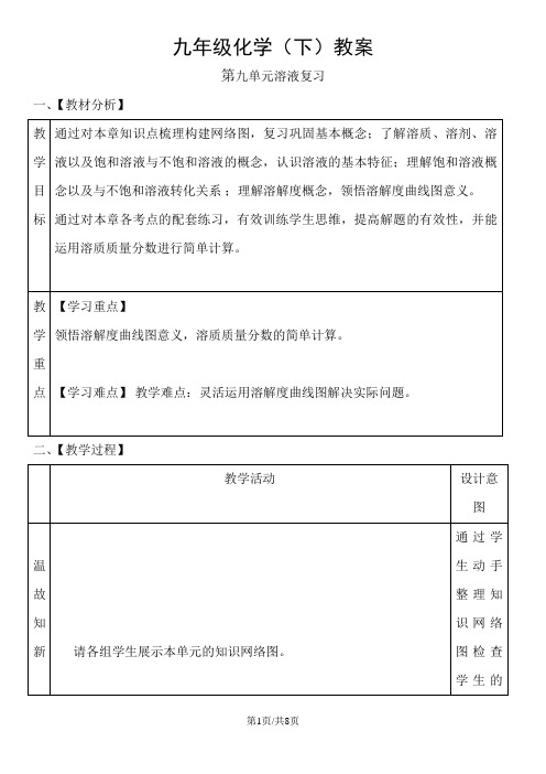 人教版化学九年级下册第九单元 溶液 复习