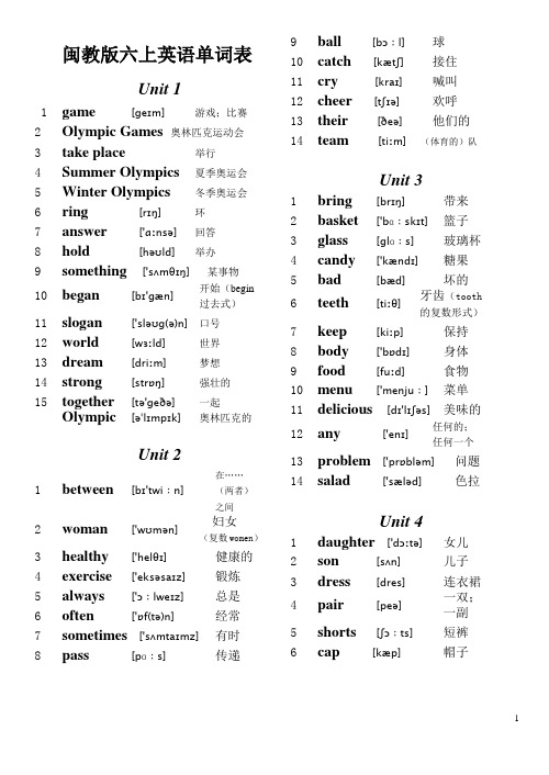 2014闽教版小学英语六上单词表含音标