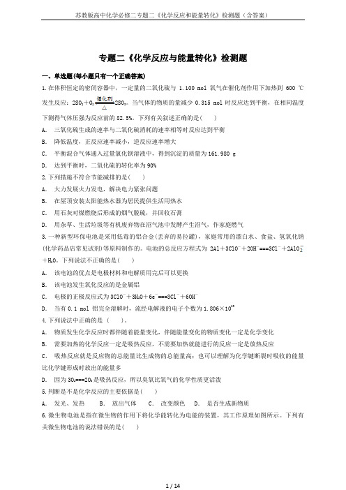 苏教版高中化学必修二专题二《化学反应和能量转化》检测题(含答案)