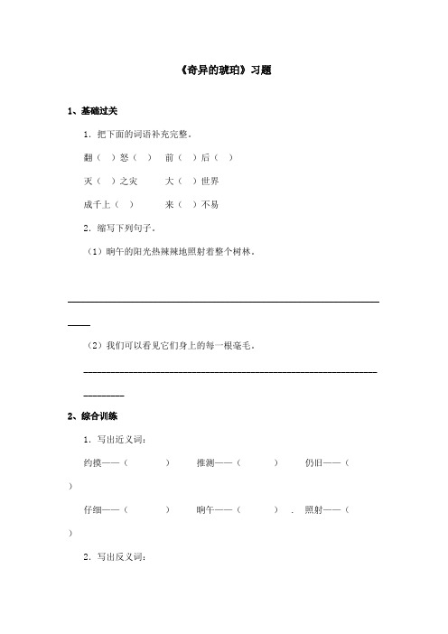 最新语文S版小学语文六年级上册《奇异的琥珀》精选习题第一课时(精品)