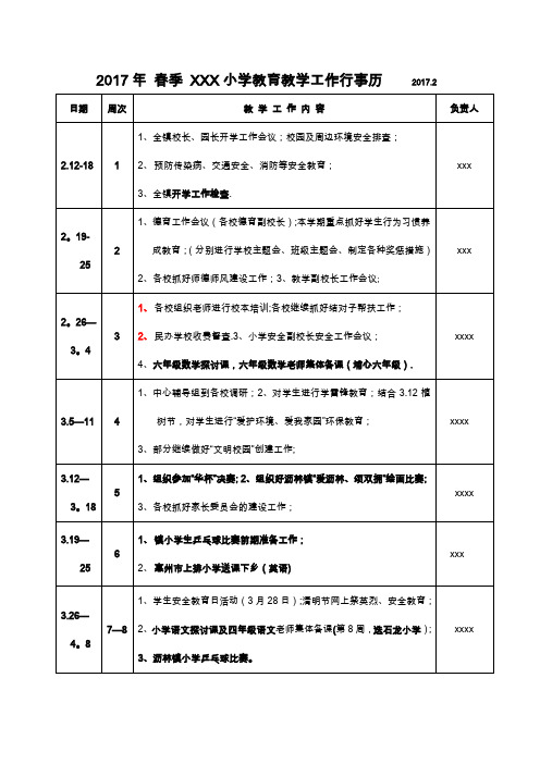 2017年春季 小学教育教学工作行事历