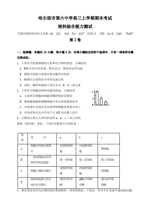 黑龙江省哈尔滨市第六中学高三上学期期末考试理科综合试题(有答案)