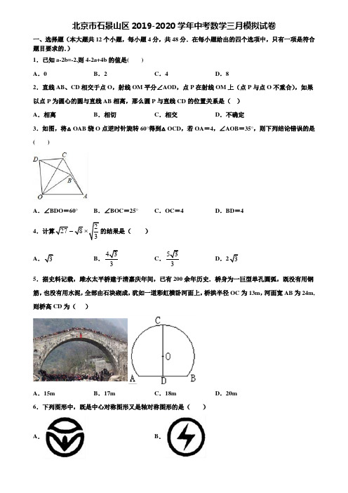 北京市石景山区2019-2020学年中考数学三月模拟试卷含解析