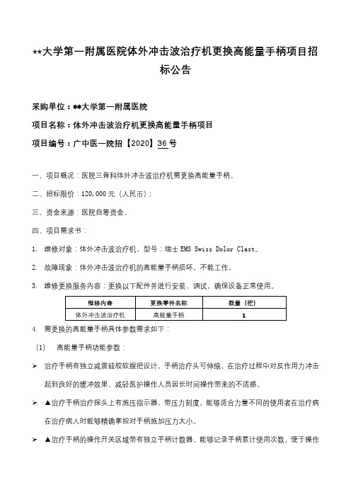 广州中医药大学第一附属医院体外冲击波治疗机更换高能量手柄项目招标公告【模板】