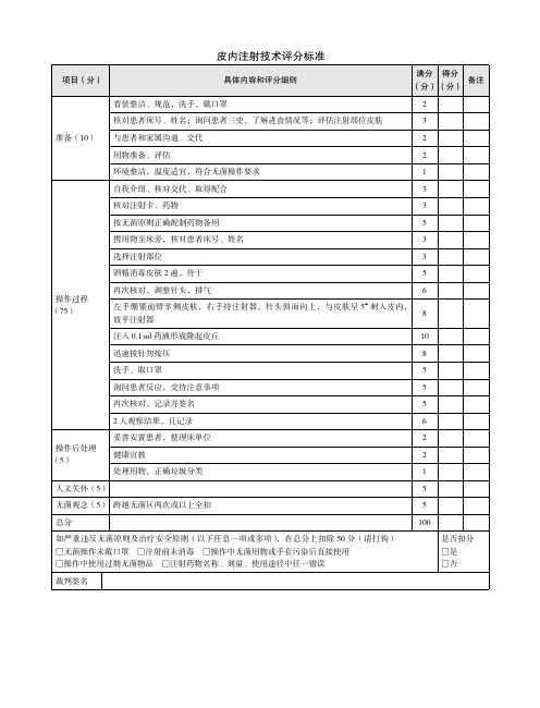 皮内注射技术评分标准