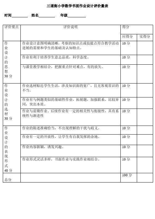 三道街小学数学书面作业设计评价量表