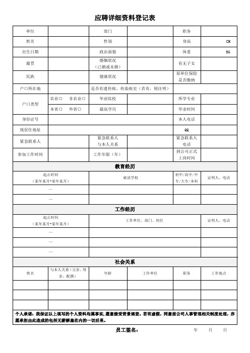 应聘人员详细资料登记表