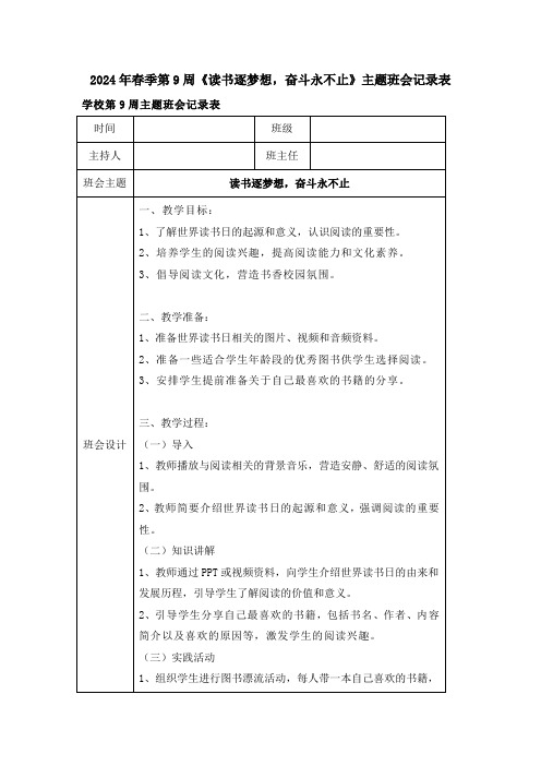 2024年春季第9周《读书逐梦想,奋斗永不止》主题班会记录表