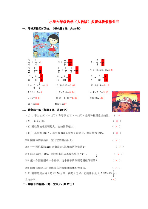 六年级数学 暑假作业三 人教版