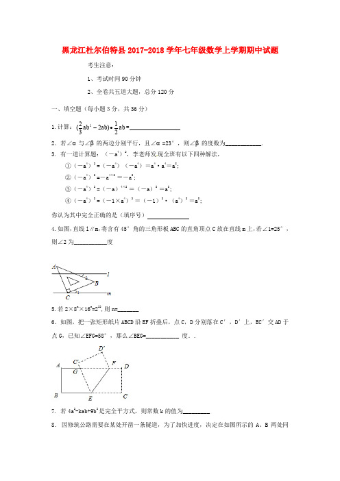 2017-2018学年黑龙江省杜尔伯特县七年级数学上期中试题含答案(五四制)