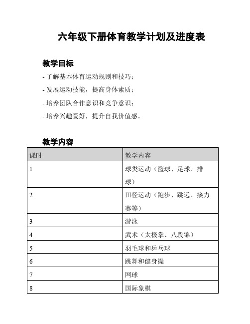 六年级下册体育教学计划及进度表