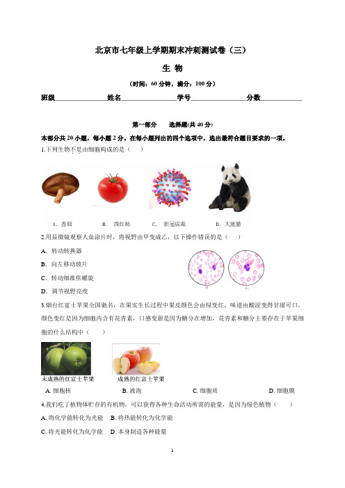 北京市七年级生物上学期期末冲刺测试卷(三)含答案与解析