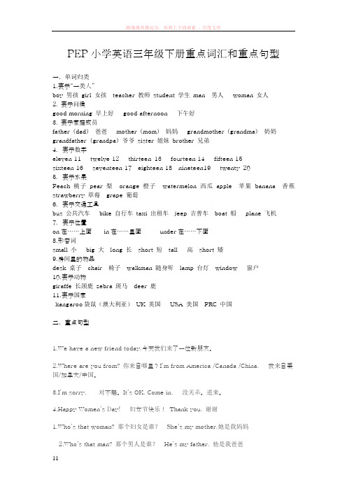 小学英语三年级下册词汇分类和关键句型