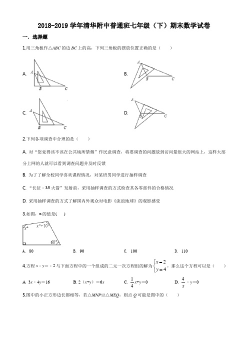 北京市海淀区清华大学附属中学2018-2019学年七年级下学期期末数学试题(原卷版)