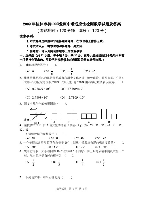 2009桂林中考数学(含答案)