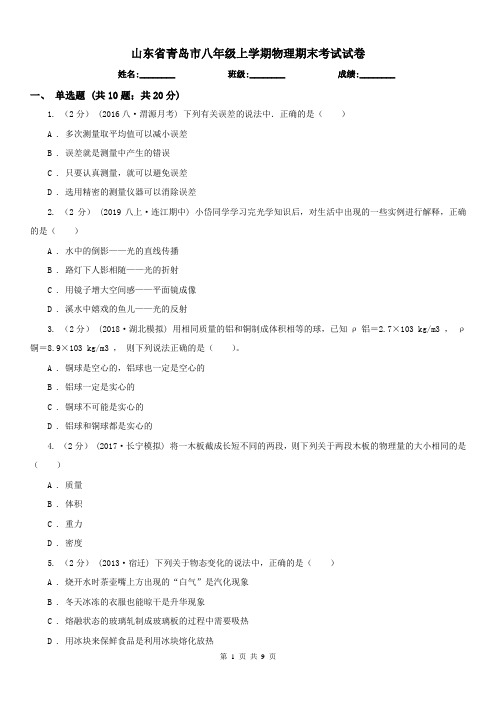 山东省青岛市八年级上学期物理期末考试试卷