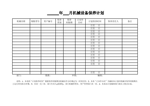 机械设备月度保养计划表