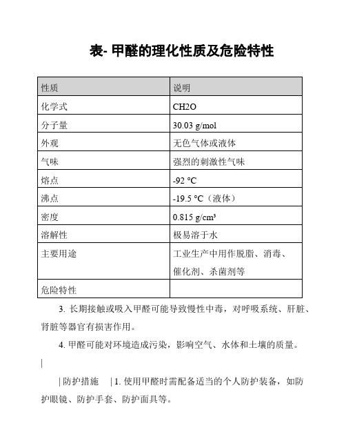 表- 甲醛的理化性质及危险特性