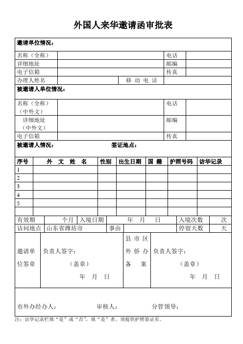 外国人来华邀请函审批表