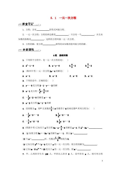 七年级数学上册第5章一元一次方程5.1一元一次方程分层训练