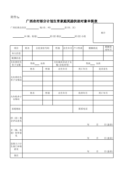 广西农村部分计划生育家庭奖励扶助对象申报表