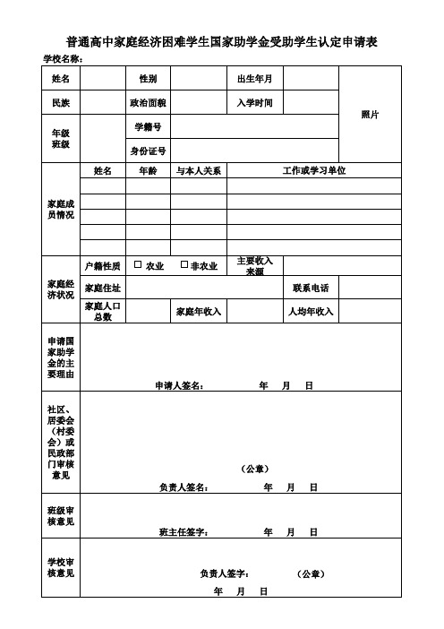 普通高中家庭经济困难学生国家助学金受助学生认定申请表