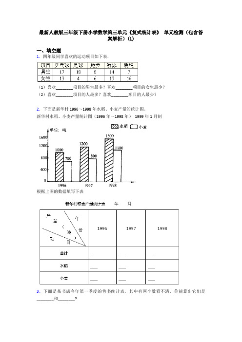 最新人教版三年级下册小学数学第三单元《复式统计表》 单元检测(包含答案解析)(1)