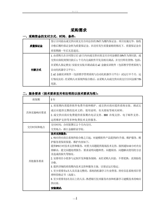 采购需求一、采购资金的支付方式、时间、条件质量保证金签订合同前