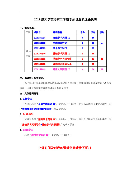 2019级大学英语第二学期学分设置和选课说明