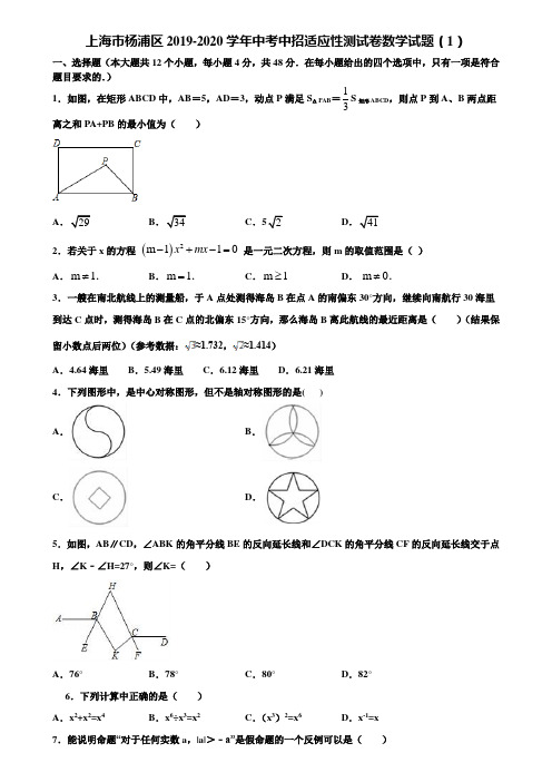 上海市杨浦区2019-2020学年中考中招适应性测试卷数学试题(1)含解析