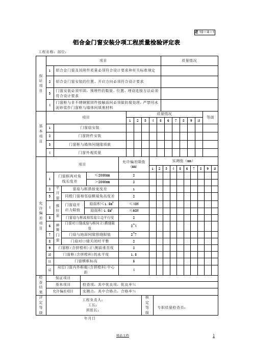 建10-4-1铝合金门窗安装分项工程质量检验评定表铝合金门窗安装分项工程质量检验评定表【园林绿化常用表格】