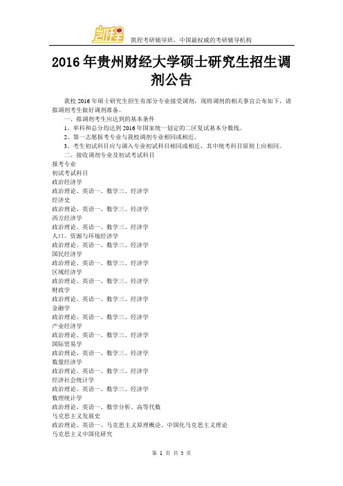 2016年贵州财经大学硕士研究生招生调剂公告