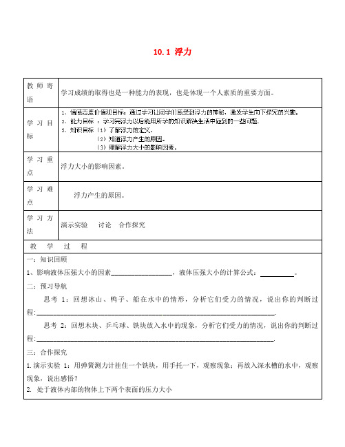 山东省广饶县丁庄镇中心初级中学八年级物理下册 10.1 浮力导学案(无答案)(新版)新人教版