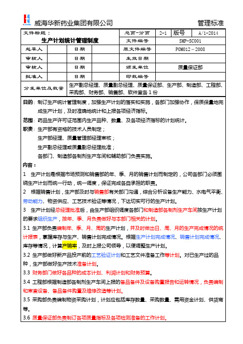 SMP-SC001 生产计划统计管理制度 A1