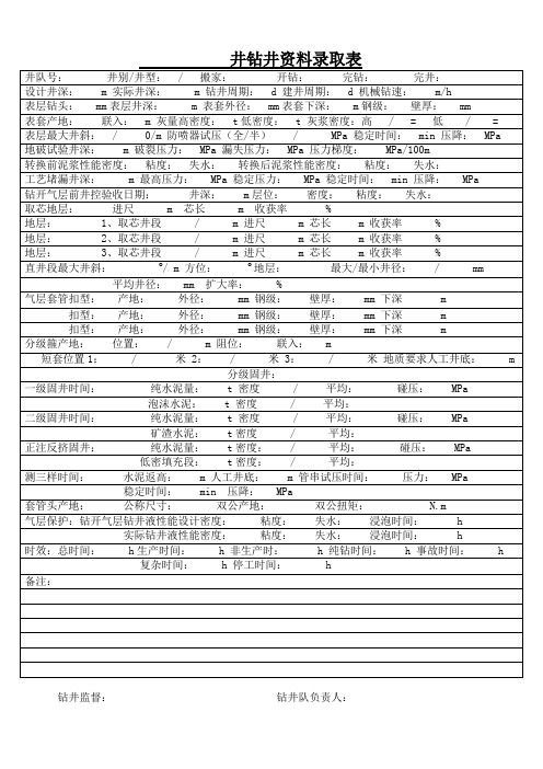 XX井钻井资料综合录取表(正式表)
