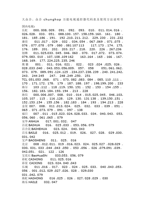 大众合、众合chunghop万能电视遥控器代码表及使用方法说明书
