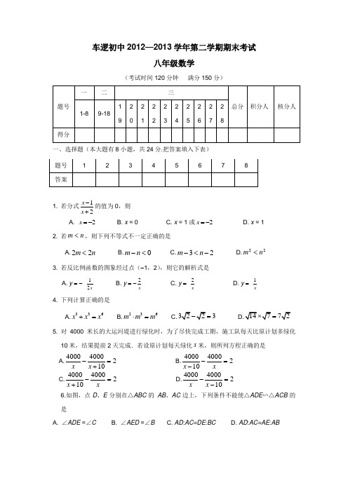 学1213学年下学期八年级期末考试数学(附答案) (1)