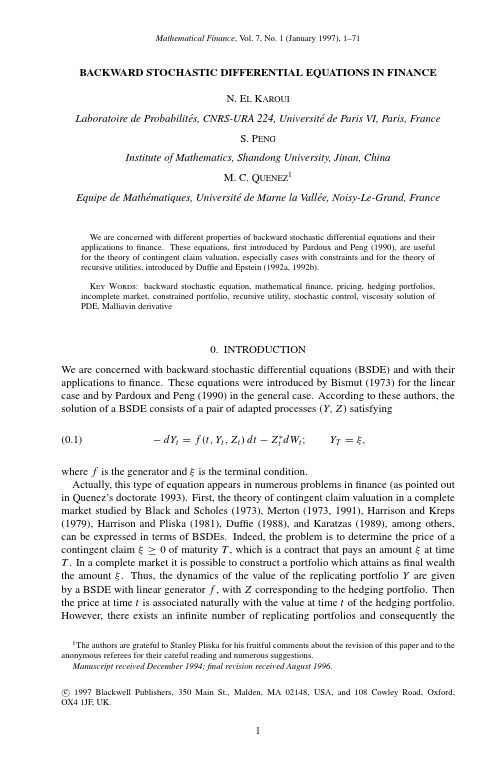 Backward stochastic differential equations in finance