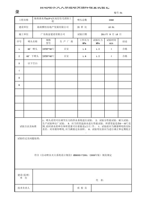 自动喷水灭火系统喷头抽样检查试验记录