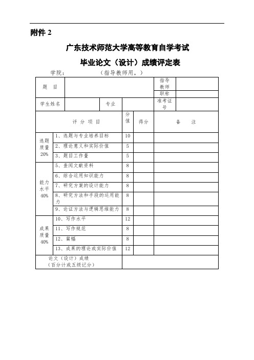 毕业论文(设计)成绩评定表(指导老师用)