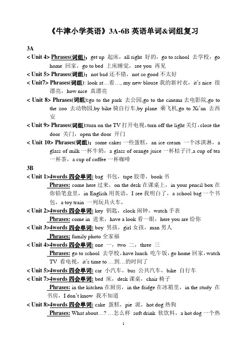 2015年新苏教译林小学英语3A-6B单词和词组复习