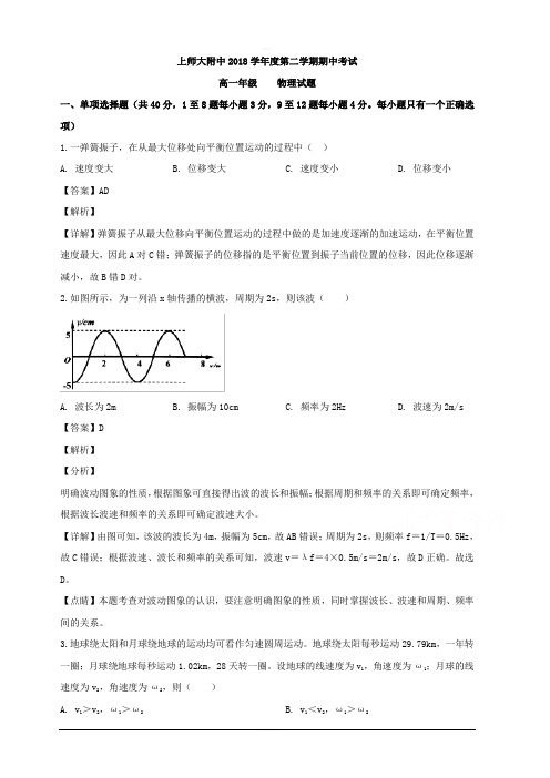 上海市上海师范大学附属中学2018-2019学年高一下学期期中考试物理试卷 含解析