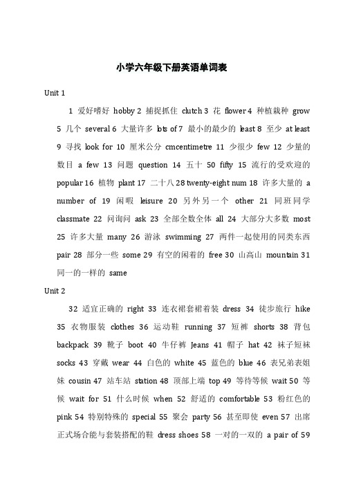 小学六年级下册英语单词表