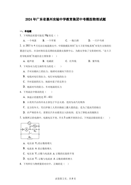 2024年广东省惠州实验中学教育集团中考模拟物理试题