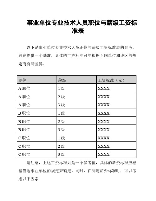 事业单位专业技术人员职位与薪级工资标准表