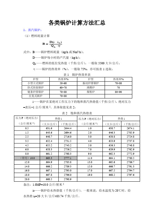 各类锅炉计算方法汇总