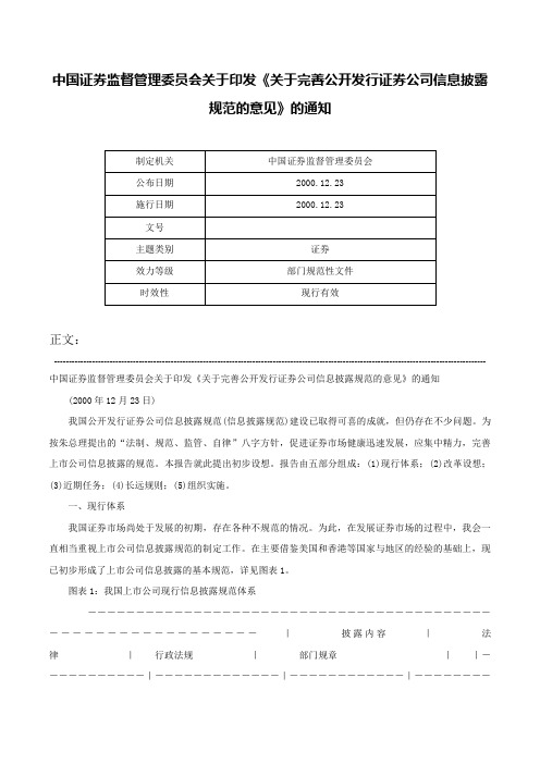 中国证券监督管理委员会关于印发《关于完善公开发行证券公司信息披露规范的意见》的通知-