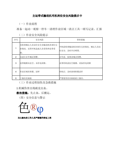 主运带式输送机司机岗位安全风险提示卡