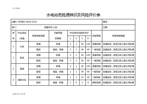 水电站危险源辨识及风险评价表知识讲解